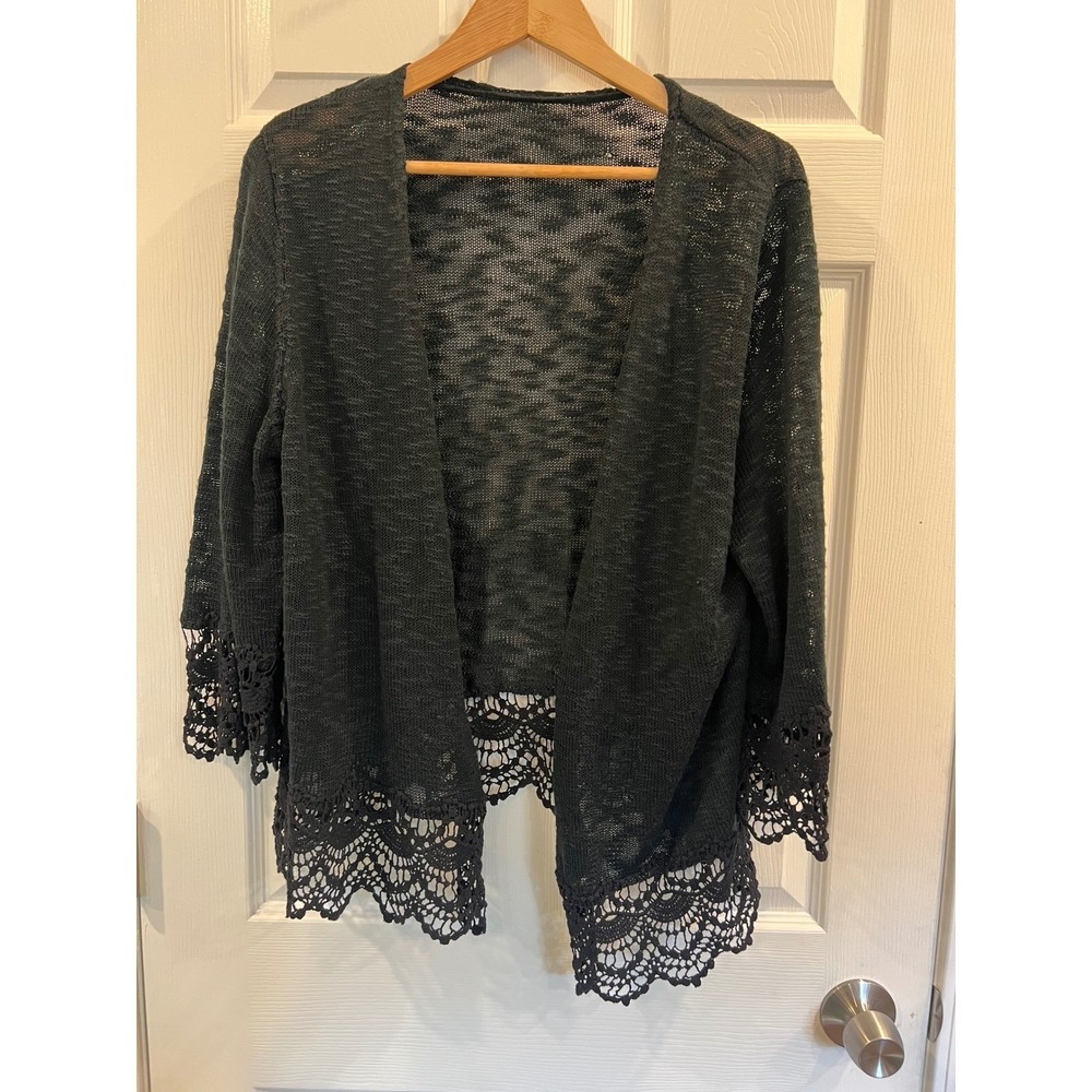 Charcoal Gray Open Front Cardigan with Crochet Lace Trim 3/4 Sleeve Knit Top